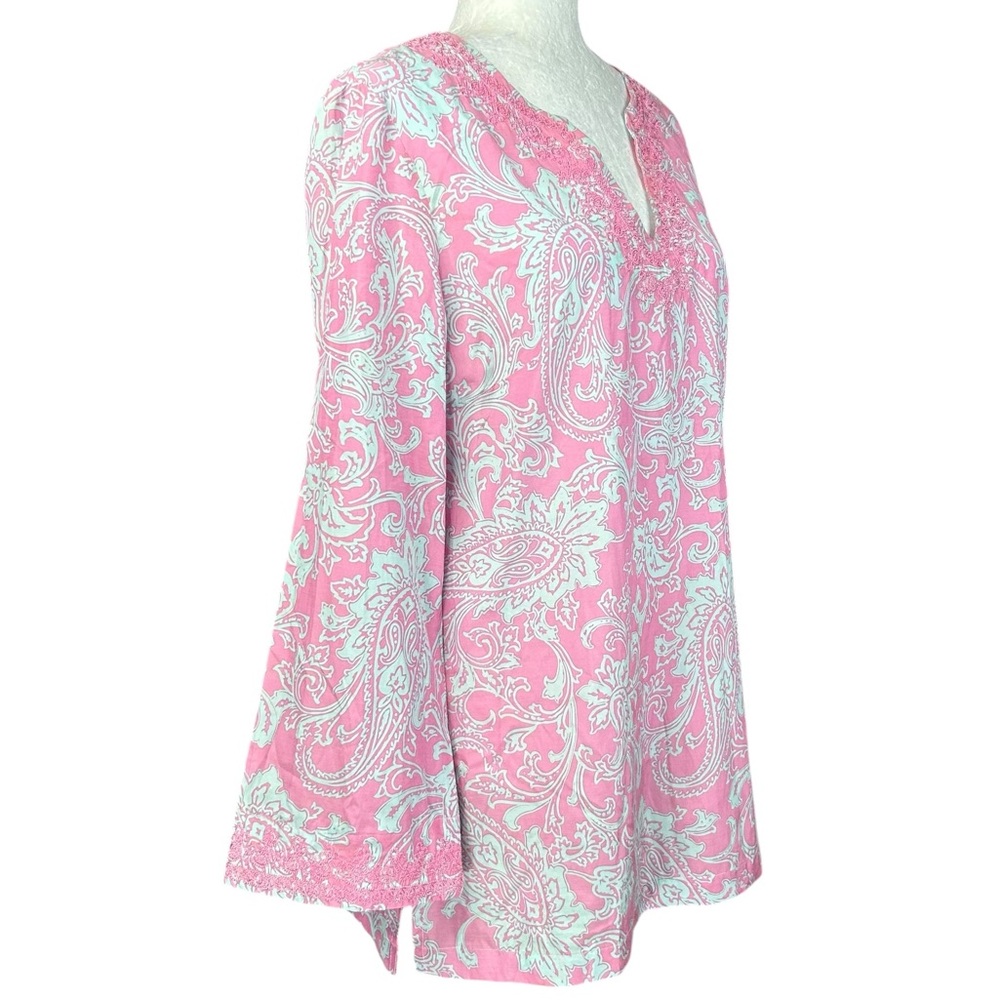 J. Mclaughlin Silk Blend Top M Pop Over Bell Sleeves Embroidered Coastal - Picture 3 of 10